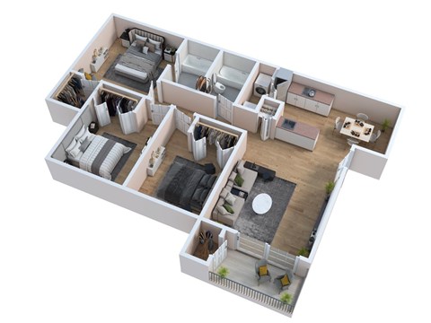 Floor plan for 3 beds, 2 baths, 1100 sqft